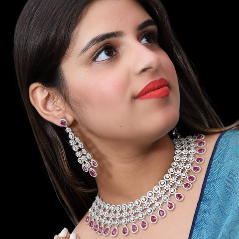 Designer Semi-Precious American Diamond & Green Emerald Necklace with Earrings (D460)