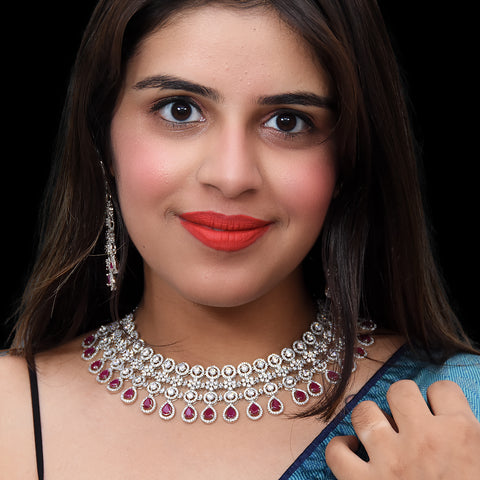 Designer Semi-Precious American Diamond & Green Emerald Necklace with Earrings (D460)