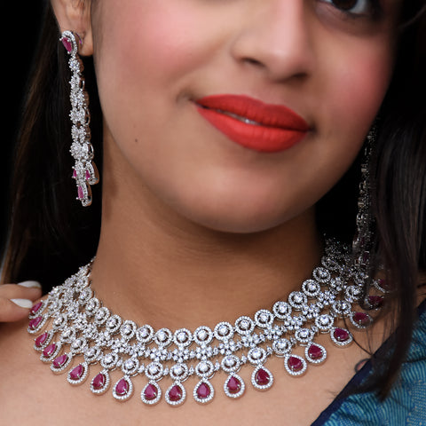 Designer Semi-Precious American Diamond & Green Emerald Necklace with Earrings (D460)
