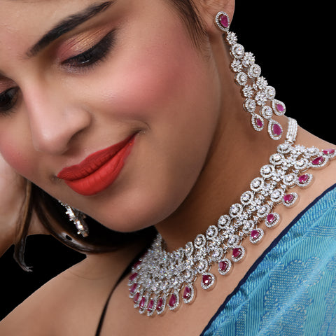 Designer Semi-Precious American Diamond & Green Emerald Necklace with Earrings (D460)