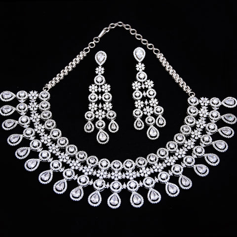 Designer Semi-Precious American Diamond & Green Emerald Necklace with Earrings (D460)