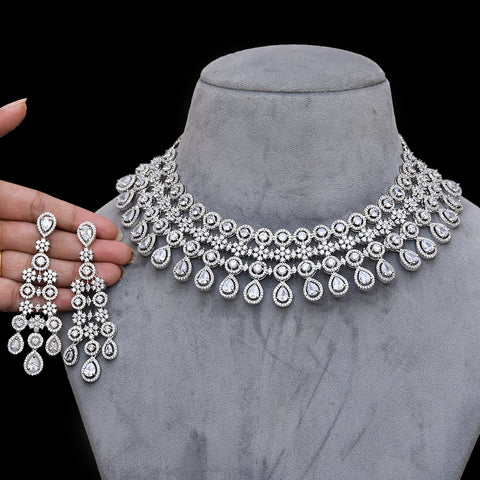 Designer Semi-Precious American Diamond & Green Emerald Necklace with Earrings (D460)