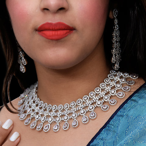 Designer Semi-Precious American Diamond & Green Emerald Necklace with Earrings (D460)