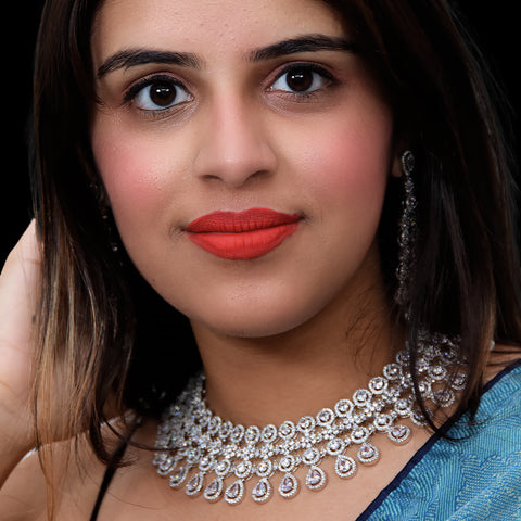Designer Semi-Precious American Diamond & Green Emerald Necklace with Earrings (D460)