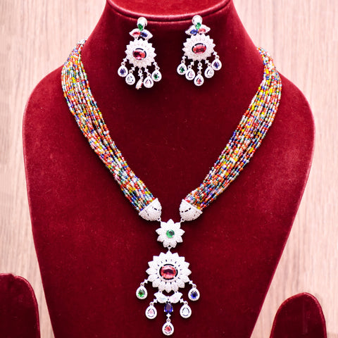 Designer Semi-Precious American Diamond Beads Necklace with Earrings (D622)