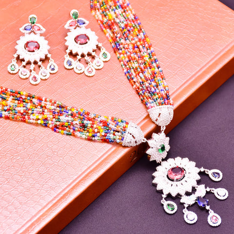 Designer Semi-Precious American Diamond Beads Necklace with Earrings (D622)