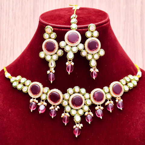 Designer Gold Plated Royal Kundan With Green Color Necklace & Earrings (D615)