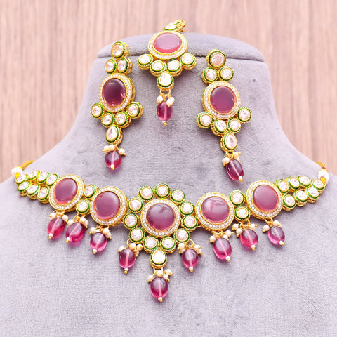 Designer Gold Plated Royal Kundan With Green Color Necklace & Earrings (D615)