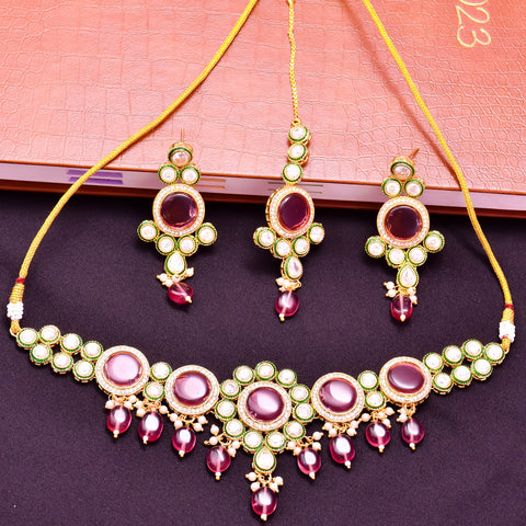 Designer Gold Plated Royal Kundan With Green Color Necklace & Earrings (D615)
