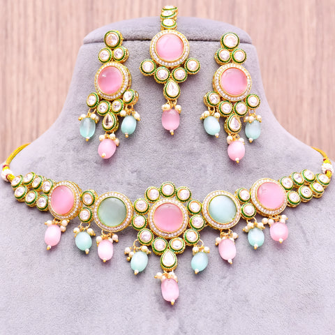 Designer Gold Plated Royal Kundan With Green Color Necklace & Earrings (D615)