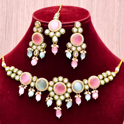 Designer Gold Plated Royal Kundan With Green Color Necklace & Earrings (D615)