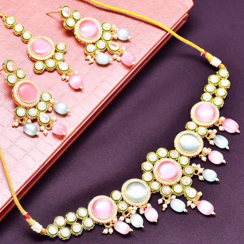 Designer Gold Plated Royal Kundan With Green Color Necklace & Earrings (D615)