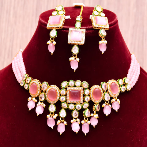 Designer Gold Plated Royal Kundan With Green Color Necklace & Earrings (D612)