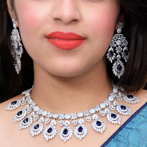 Designer Semi-Precious American Diamond & Ruby Necklace with Earrings (D471)