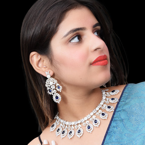 Designer Semi-Precious American Diamond & Ruby Necklace with Earrings (D471)