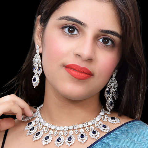 Designer Semi-Precious American Diamond & Ruby Necklace with Earrings (D471)