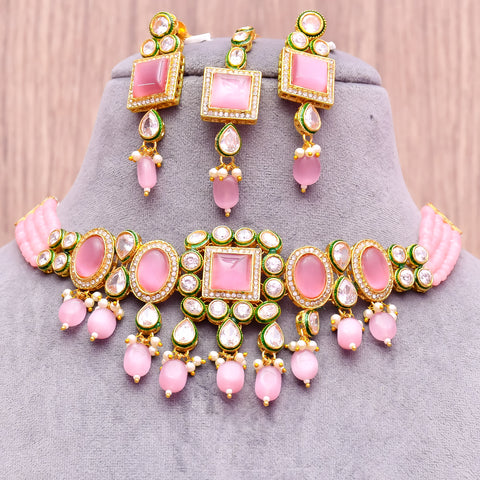 Designer Gold Plated Royal Kundan With Green Color Necklace & Earrings (D612)