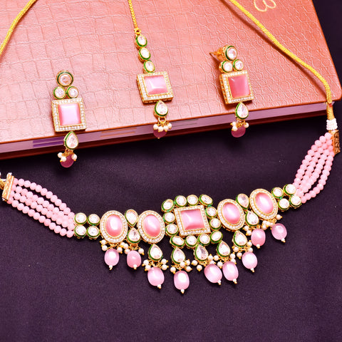 Designer Gold Plated Royal Kundan With Green Color Necklace & Earrings (D612)