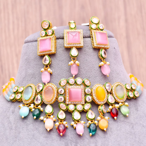 Designer Gold Plated Royal Kundan With Green Color Necklace & Earrings (D612)