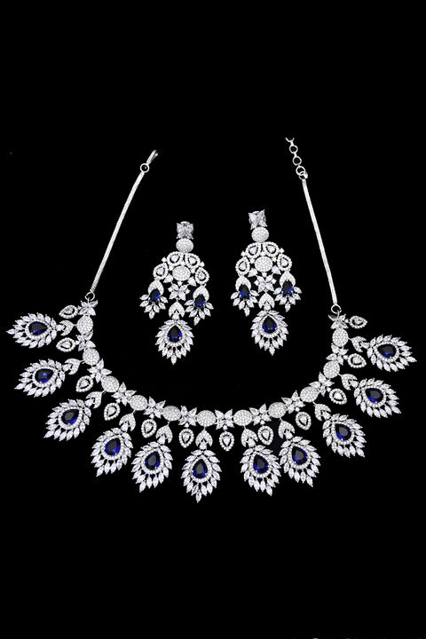 Designer Semi-Precious American Diamond & Blue Shpphire Necklace with Earrings (D472)