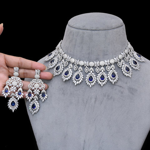 Designer Semi-Precious American Diamond & Ruby Necklace with Earrings (D471)