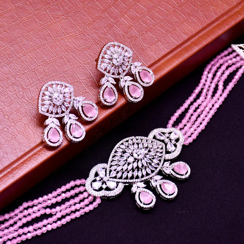 Designer Semi-Precious American Diamond Beads Necklace with Earrings
