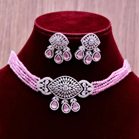 Designer Semi-Precious American Diamond Beads Necklace with Earrings