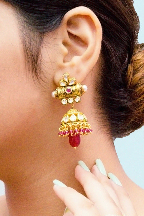 Gold Plated Beautifully Royal Kundan & Ruby Beaded Jhumki Style Earrings (E768)