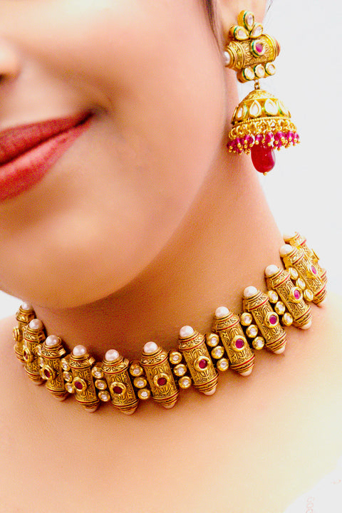 Designer Gold Plated Royal Kundan Choker Style Necklace with Earrings (D885)