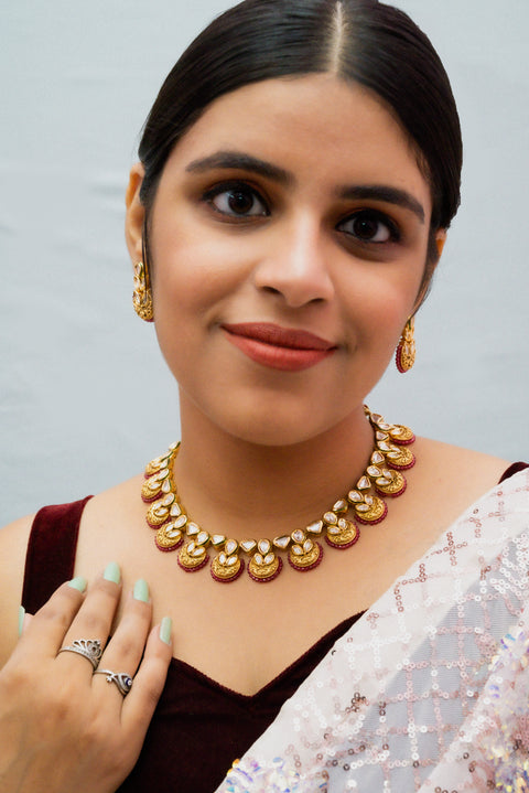 Designer Gold Plated Royal Kundan Necklace with Earrings