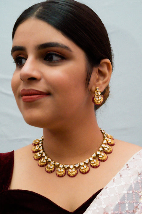 Designer Gold Plated Royal Kundan Necklace with Earrings