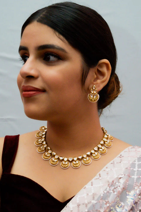 Designer Gold Plated Royal Kundan Necklace with Earrings
