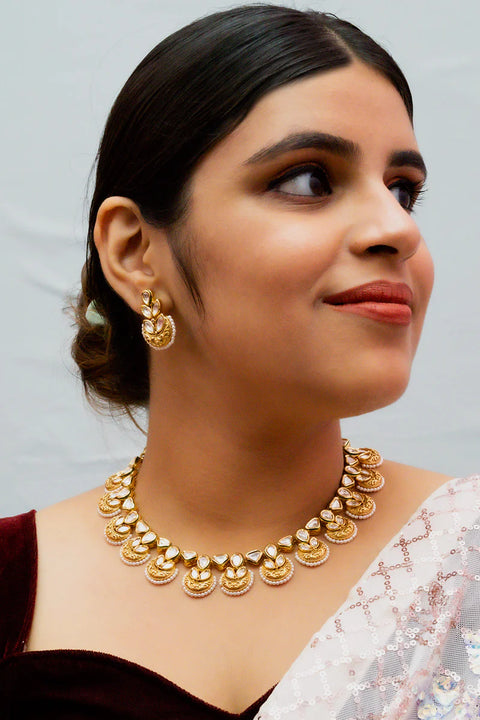 Designer Gold Plated Royal Kundan Necklace with Earrings
