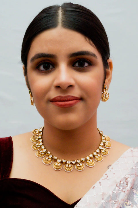 Designer Gold Plated Royal Kundan Necklace with Earrings