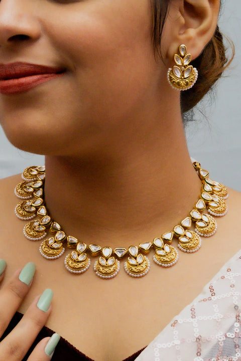 Designer Gold Plated Royal Kundan Necklace with Earrings