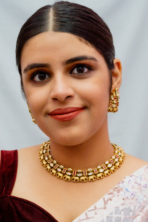 Designer Gold Plated Royal Kundan Necklace with Earrings