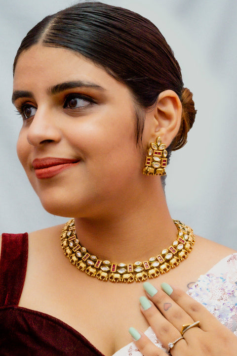 Designer Gold Plated Royal Kundan Necklace with Earrings