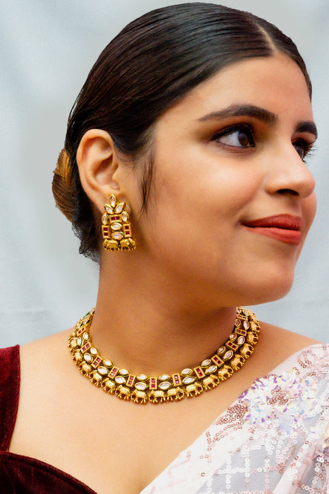 Designer Gold Plated Royal Kundan Necklace with Earrings
