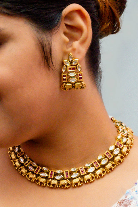 Designer Gold Plated Royal Kundan Necklace with Earrings