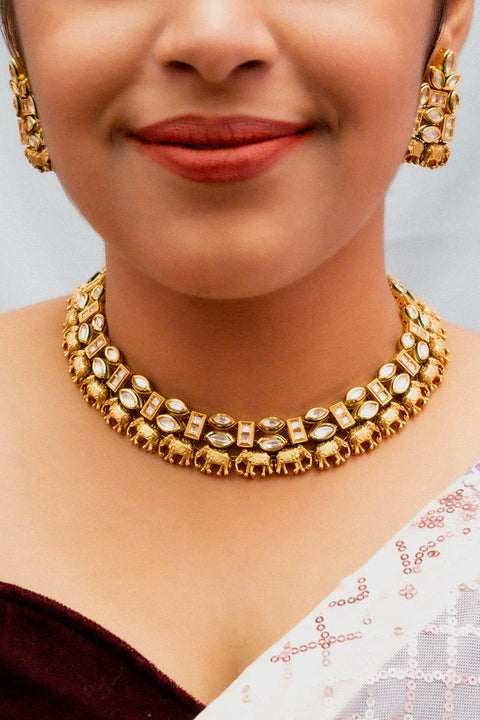 Designer Gold Plated Royal Kundan Necklace with Earrings