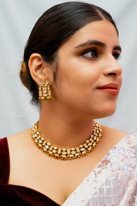 Designer Gold Plated Royal Kundan Necklace with Earrings