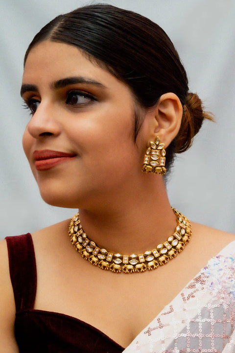 Designer Gold Plated Royal Kundan Necklace with Earrings