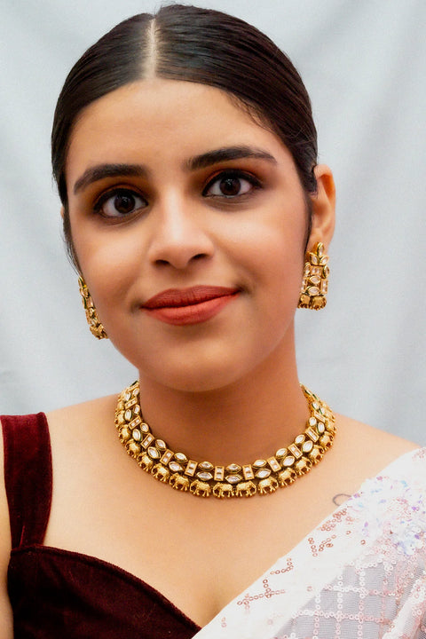 Designer Gold Plated Royal Kundan Necklace with Earrings