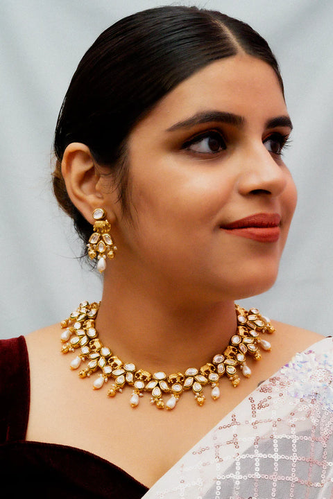 Designer Gold Plated Royal Kundan Necklace with Earrings