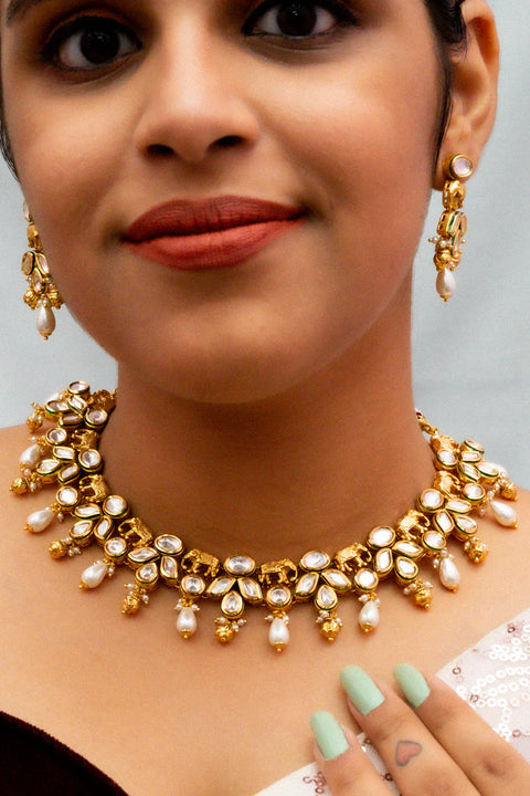 Designer Gold Plated Royal Kundan Necklace with Earrings