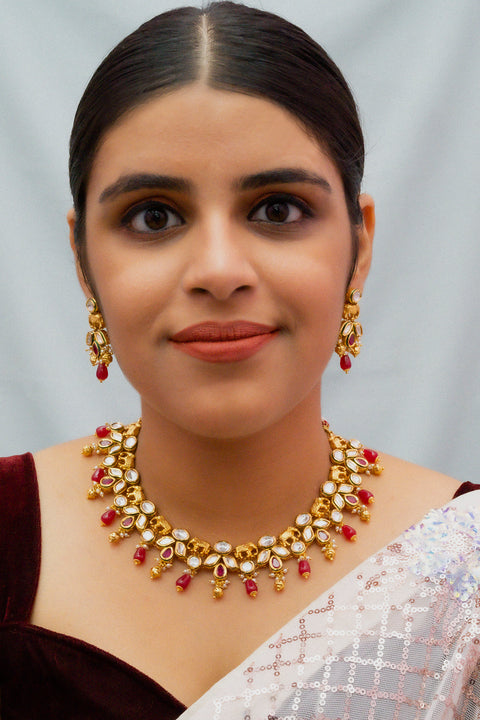 Designer Gold Plated Royal Kundan Necklace with Earrings