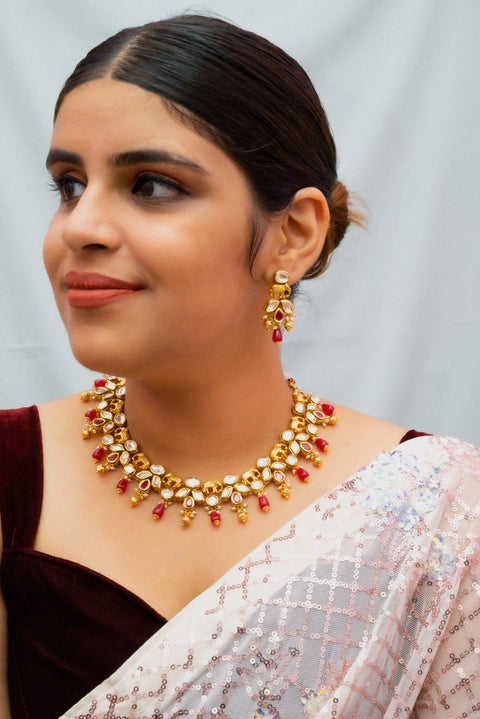 Designer Gold Plated Royal Kundan Necklace with Earrings