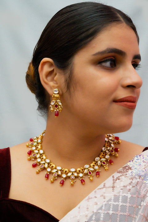 Designer Gold Plated Royal Kundan Necklace with Earrings