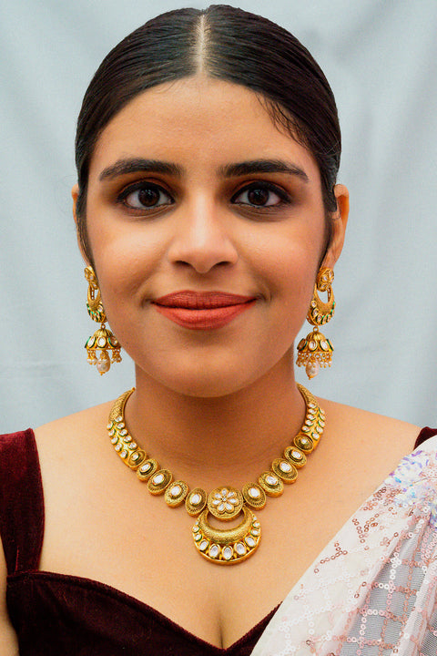 Designer Gold Plated Royal Kundan Necklace with Earrings
