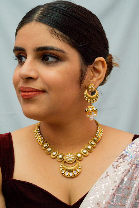 Designer Gold Plated Royal Kundan Necklace with Earrings